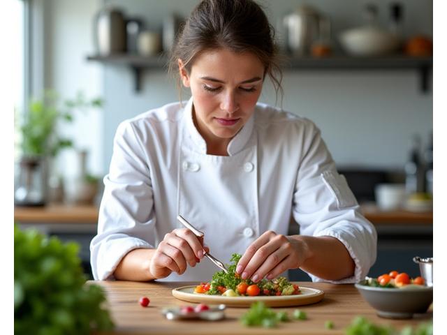 Portrait de la Cheffe Sophie Leclerc, en pleine action cuisine