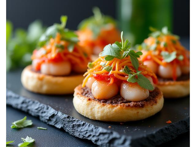Photo d'un plat finalisé: des baos vapeur garnis de crevettes et légumes croquants, avec une présentation artistique, pris par Vincent Petit.
